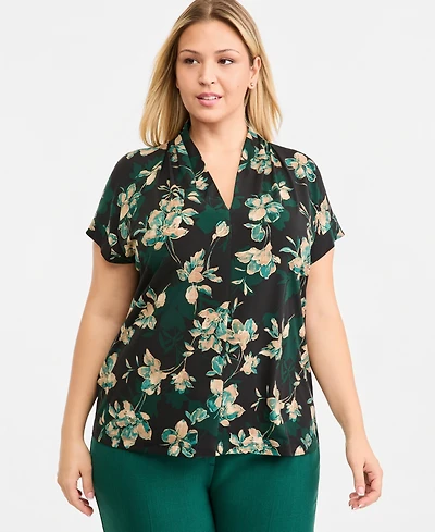 Kasper Plus Floral Funnel-Neck Cap-Sleeve Blouse