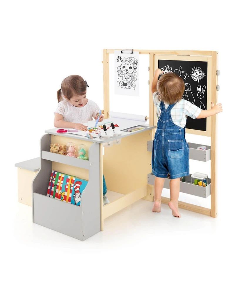 Gouun Kids Art Center Table and Bench Set with Double-Sided Easel