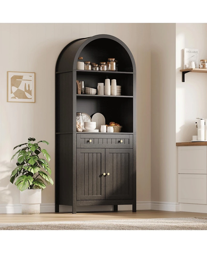 homfan 73 Inch Tall Arched Pantry Cabinet with Drawer, Farmhouse Storage Hutch, Adjustable Shelves for Kitchen and Living Room