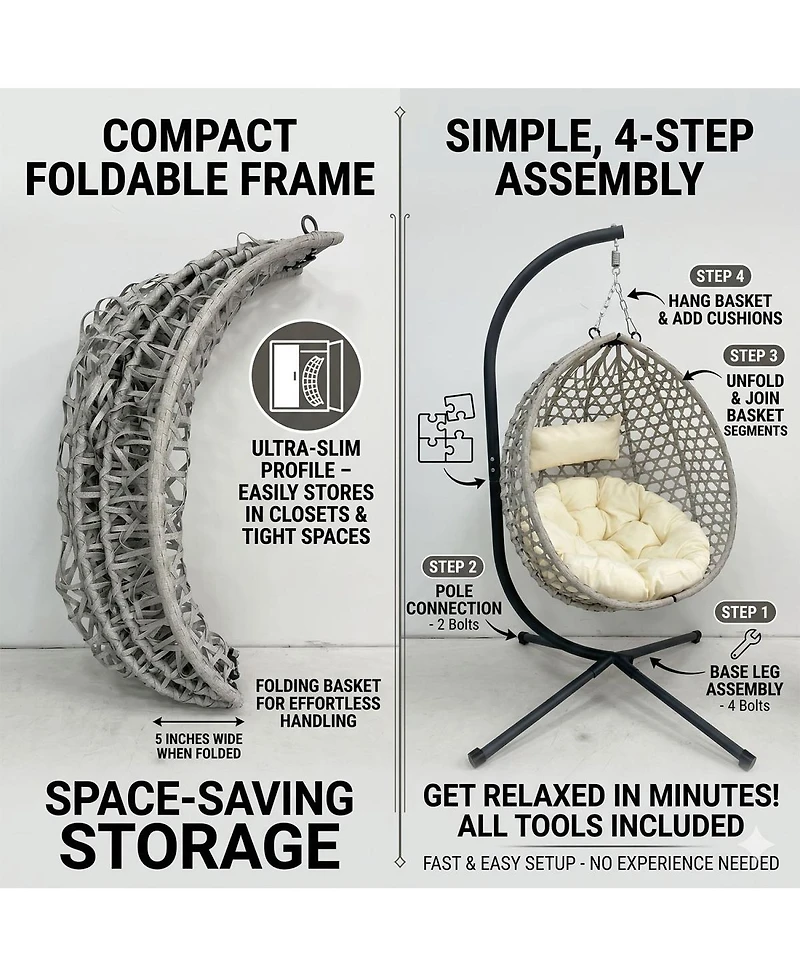 Asagikoiai Folding Pe Rattan Outdoor Hanging Egg Chair with Stand, Patio Hammock Swing
