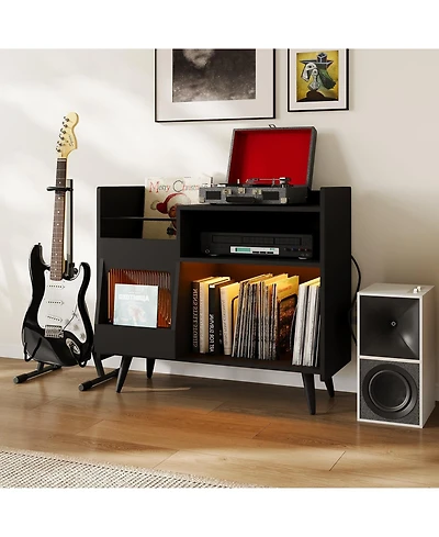 homfan Record Player Stand with Led Lights, Charging Station and Sliding Door, Holds Up to 350 Vinyl Albums