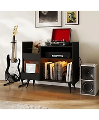 homfan Record Player Stand with Led Lights, Charging Station and Sliding Door, Holds Up to 350 Vinyl Albums