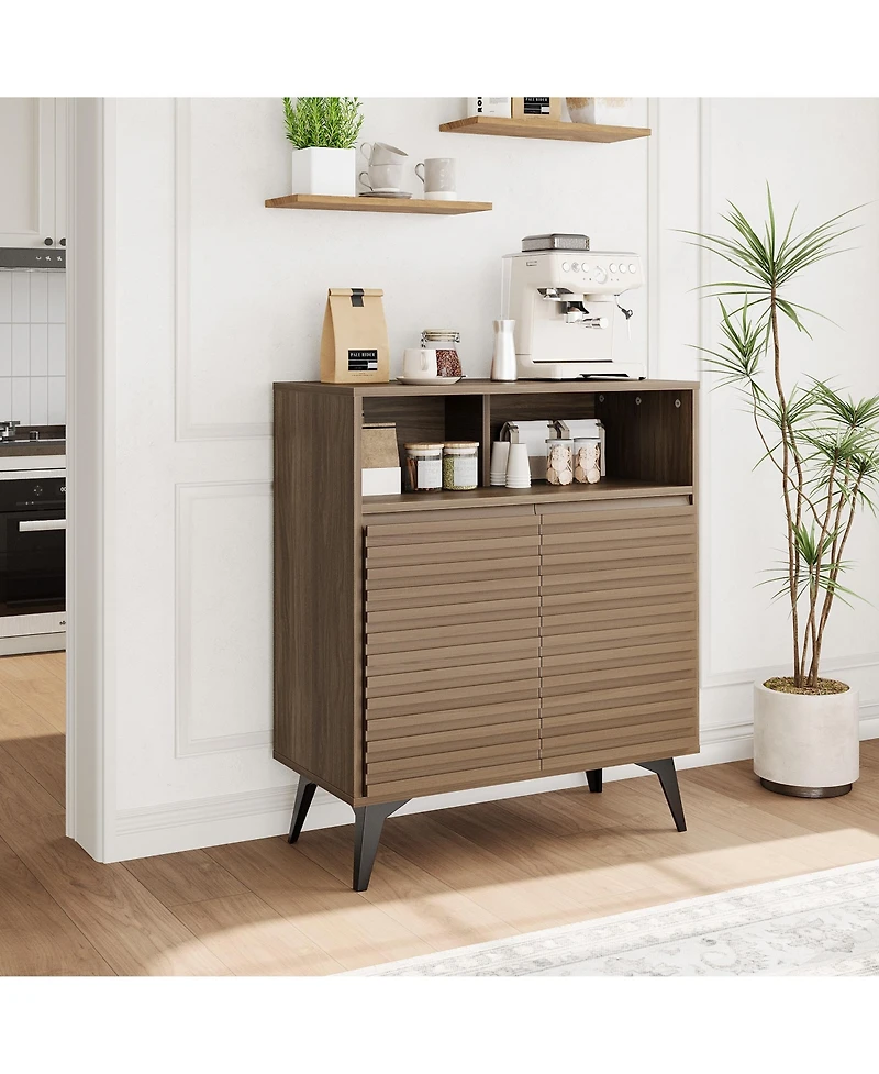 homfan Fluted Storage Cabinet Farmhouse Buffet Sideboard with Metal Legs and Adjustable Shelves for Living Room, Kitchen, Entryway