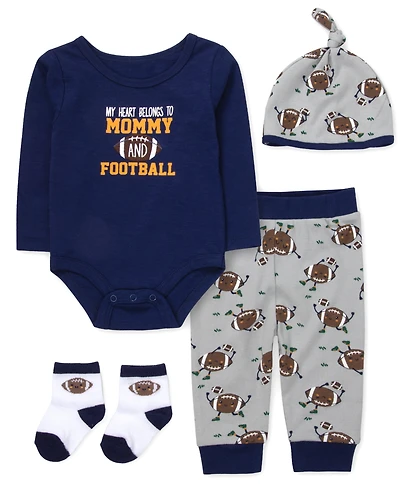 Baby Essentials Boys' Mommy and Football Bodysuit, Jogger Pants, Socks Hat, 4-Piece Set