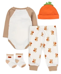 Baby Essentials Boys' My First Halloween Bear Bodysuit, Jogger Pants, Socks and Hat, 4-Piece Set