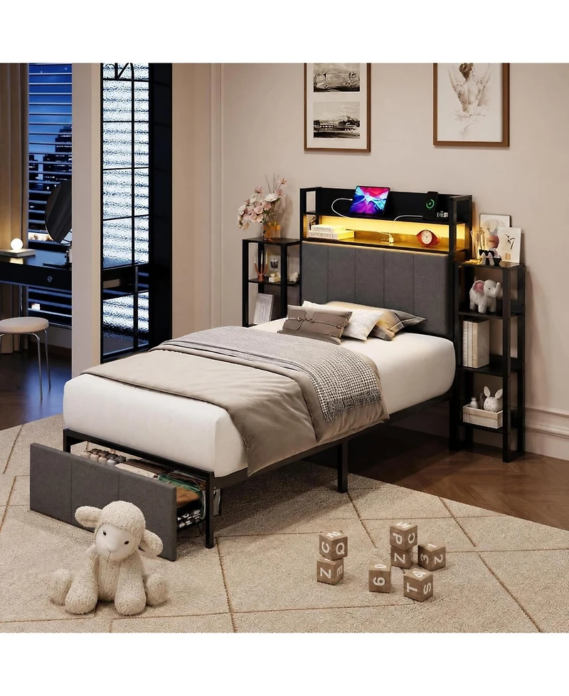 homfan Twin Upholstered Bed Frame with Hidden Headboard Storage, Led Lights, Charging Station, Side Shelves and Footboard Storage