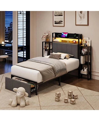 homfan Twin Upholstered Bed Frame with Hidden Headboard Storage, Led Lights, Charging Station, Side Shelves and Footboard Storage