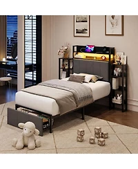 homfan Twin Upholstered Bed Frame with Hidden Headboard Storage, Led Lights, Charging Station, Side Shelves and Footboard Storage