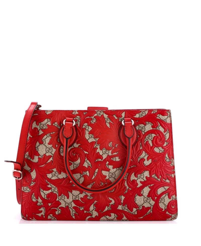 Pre-Owned Gucci Medium Convertible Gusset Tote Arabesque Gg Coated Canvas with Leather