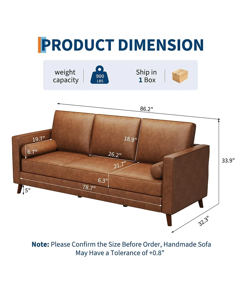 homfan Mid-Century 81" 3-Seater Faux Leather Sofa - Deep Seat, Supportive Backrest, Pu Couch for Living Room or Office