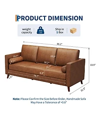 homfan Mid-Century 81" 3-Seater Faux Leather Sofa - Deep Seat, Supportive Backrest, Pu Couch for Living Room or Office