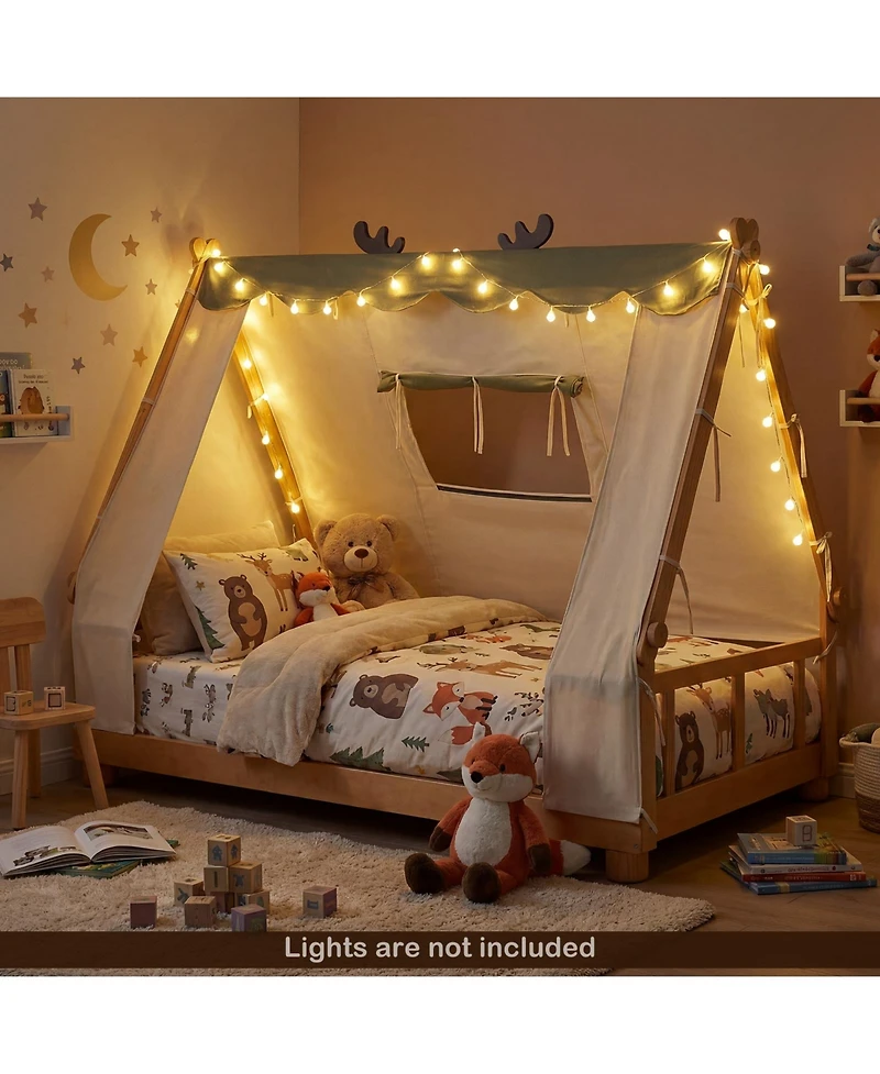 Gymax Twin House Floor Bed With TentWood Frame Roof Window and Fence Rails