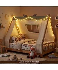 Gymax Twin House Floor Bed With TentWood Frame Roof Window and Fence Rails