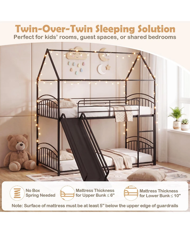 Gymax House Bunk Bed Frame with Metal Slats Reversible Ladder and Slide for Bedroom