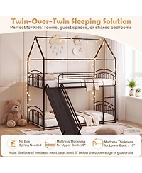 Gymax House Bunk Bed Frame with Metal Slats Reversible Ladder and Slide for Bedroom