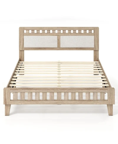 Gymax Queen Wood Bed Frame With Upholstered Headboard Solid Wood Leg Wooden Slat Support