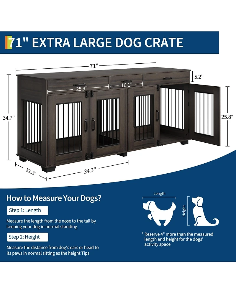 Homfan Furniture Style Dog Crate with 2 Storage Drawers and Iron Indoor Dog Kennel End Table, Heavy Duty Pet Cage for Medium Large Dogs