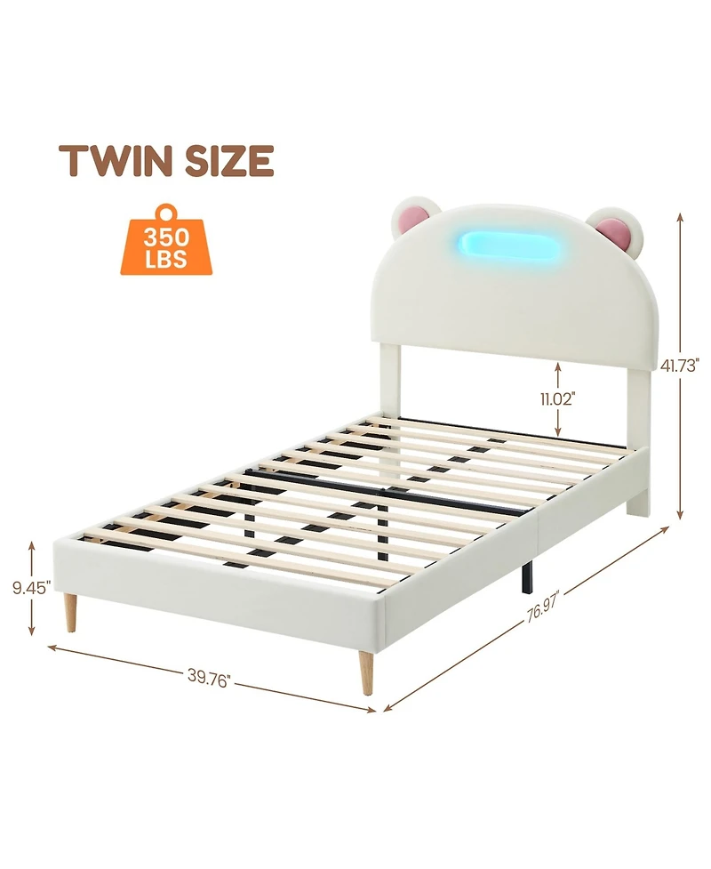 homfan Twin Upholstered Platform Led Bed Frame with Lights, Wooden Slats, No Box Spring Required, Noise-Free, Easy Assembly
