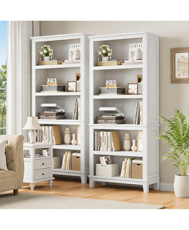 homfan Set of 2 71" Tall Narrow Bookshelf 5 Tier Bookcase with Adjustable Shelves and Wooden Legs for Apartment Office Living Room
