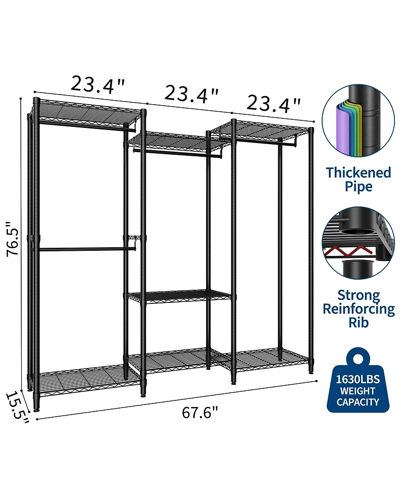 homfan Heavy Duty Armorie, 76 Inch Metal Storage Wardrobe with Adjustable Shelves and 4 Hanging Rods for Bedroom or Closet
