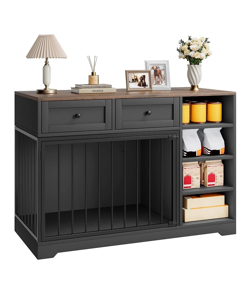 homfan Dog Crate Furniture, 47 Inch Wooden Indoor Kennel Tv Stand with 2 Drawers and 4 Shelves for Medium Large Dogs