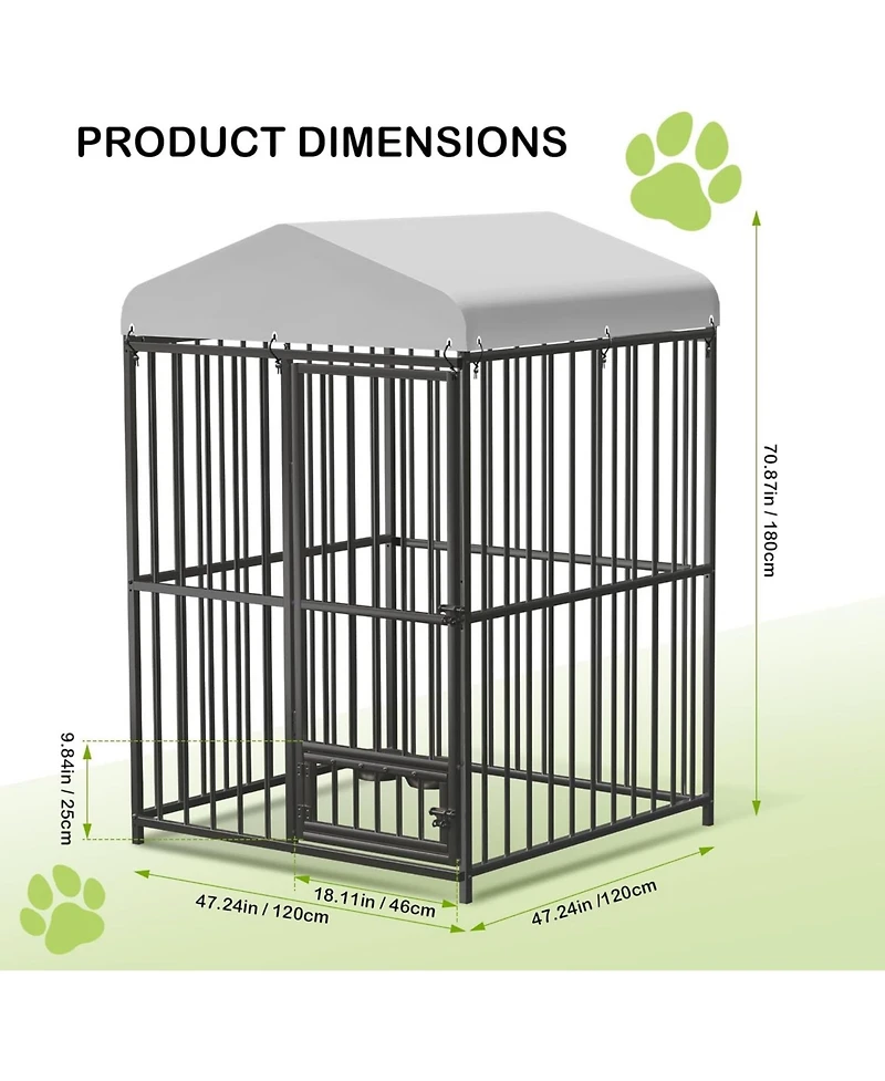 homfan Outdoor Dog Kennel Heavy Duty Metal Cage with Waterproof Roof, Security Lock, Feeding Door and Bowl for Large Dogs