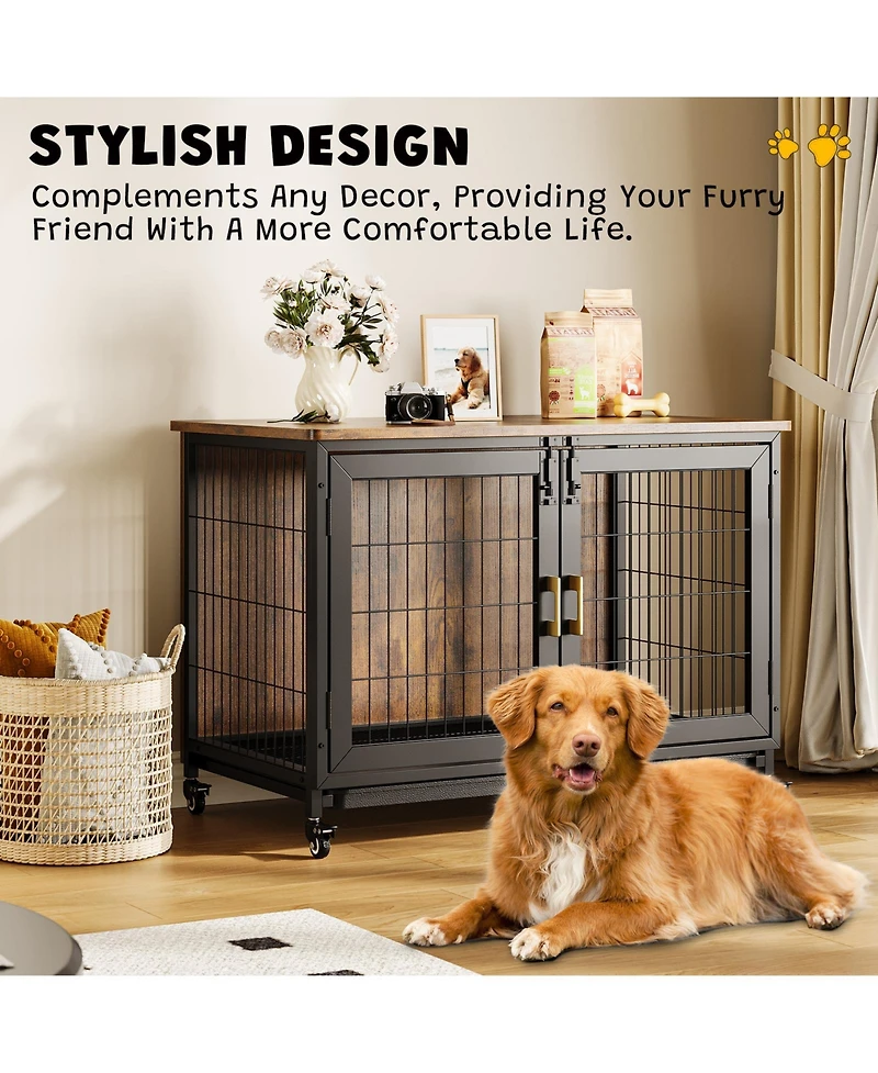 homfan Decorative Dog Crate Wooden Kennel with Wheels and Removable Tray for Small to Medium Dogs Up to 66 lbs