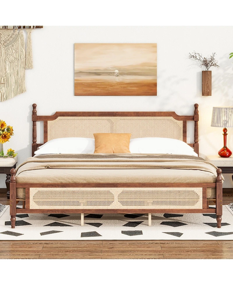 Sailvan Pine wooden Bed with Rattan Headboard and Footboard, Central Enhanced Platform