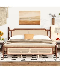 Sailvan Pine wooden Bed with Rattan Headboard and Footboard, Central Enhanced Platform