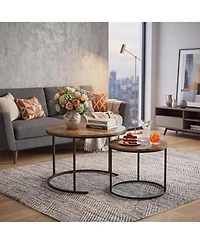 homfan Round Nesting Coffee Table Set of 2, for Living Room, Space Saving Tables with Faux Marble Top, Metal Frame