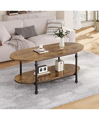 homfan Modern 2-Tier Oval Coffee Table - Fluted Faux Marble Top, Drawer Storage, Metal Frame - Stylish Living Room Center Table for Small Spaces