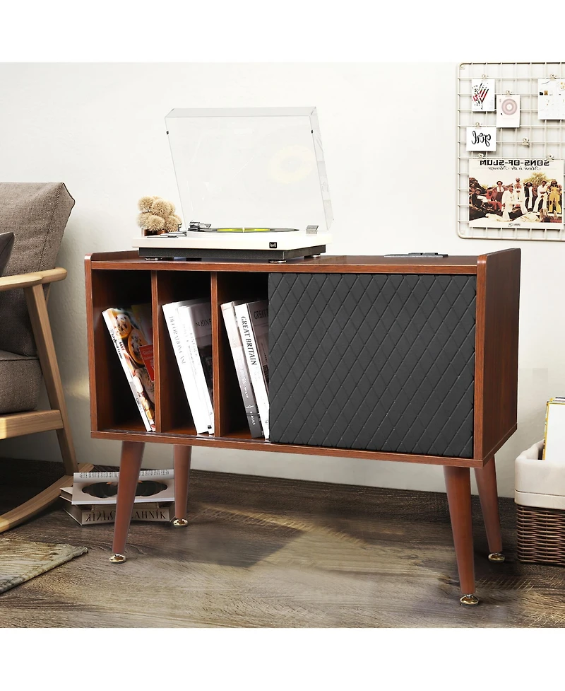 homfan Rustic Wooden Record Player Stand with Sliding Door and Led Light - Turntable Cabinet Table with Power Outlet