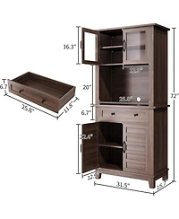 homfan 72" Farmhouse Coffee Bar Cabinet with Glass Doors, Drawer and Microwave Storage