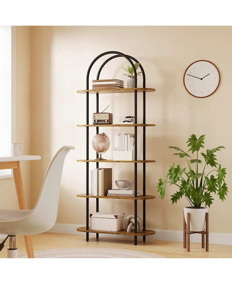 homfan 71" Tall 5-Tier Arched Bookshelf Metal Frame Open Storage Rack with Anti-Tipping Straps and Adjustable Feet for Bedroom Living Room Office