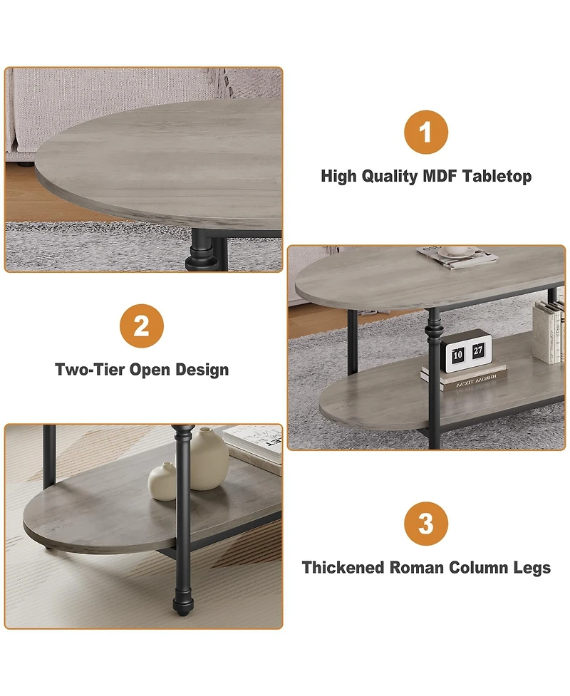homfan Industrial Oval Coffee Table, 2-Tier Storage Design, Durable Engineered Wood Metal Frame Retro Living Room Furniture