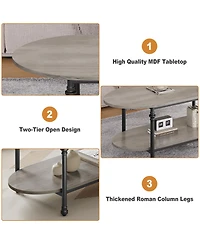 homfan Industrial Oval Coffee Table, 2-Tier Storage Design, Durable Engineered Wood Metal Frame Retro Living Room Furniture
