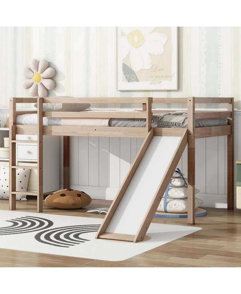 Sailvan Twin Low Loft Bed with Slide, Ladder, Safety Guardrails, Rubber Wood