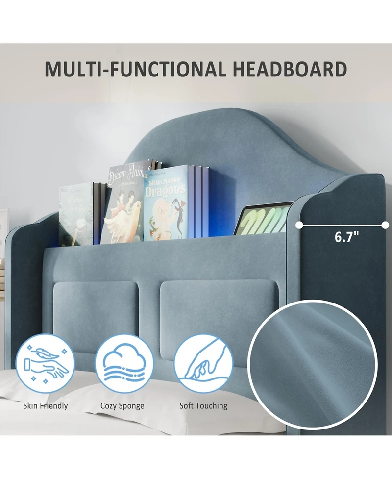 homfan Upholstered Twin Kids Bed with Soft Padded Headboard Led Night Light, Storage, Sturdy Iron and Plywood Frame, Easy Assembly