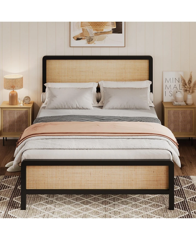 homfan Bed Frame with Storage Space Under The Bed, Bed Frame with Rattan Headboard and Footboard, Sturdy Platform Bed Frame, No Box Spring Needed