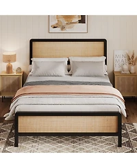 homfan Bed Frame with Storage Space Under The Bed, Bed Frame with Rattan Headboard and Footboard, Sturdy Platform Bed Frame, No Box Spring Needed