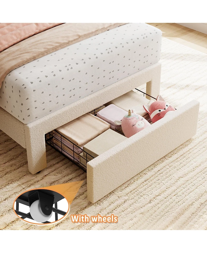 homfan 2 Sets Twin Bed Frame with Under Bed Drawer, Upholstered Platform Bed with Wave Headboard for Kids, Wooden Slats Support, No Box Spring Needed