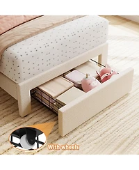 homfan 2 Sets Twin Bed Frame with Under Bed Drawer, Upholstered Platform Bed with Wave Headboard for Kids, Wooden Slats Support, No Box Spring Needed