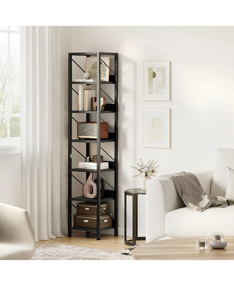 homfan 6 Tier Narrow Bookshelf Tall Skinny Bookcase with Metal Frame, Rustic Industrial Display Rack for Bedroom Living Room Home Office