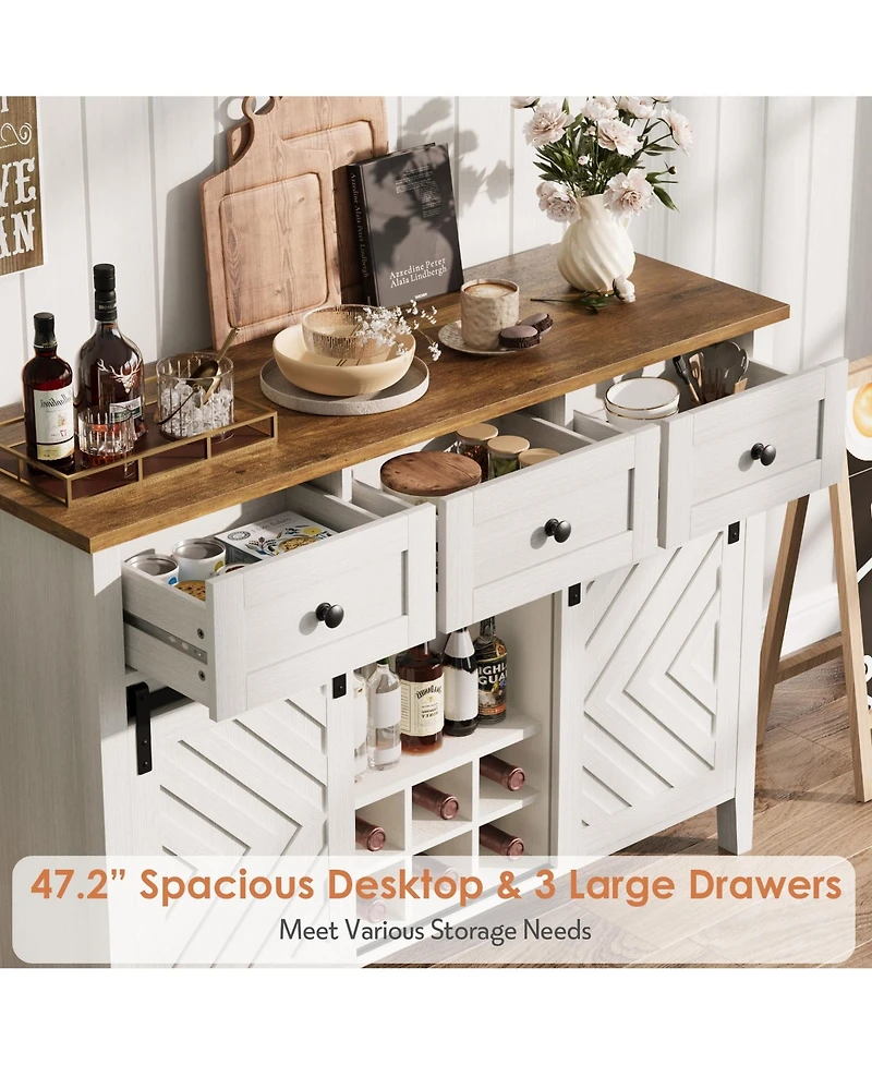 homfan Rustic Sideboard Cabinet Sliding Barn Door, 3 Drawers, Wine Rack and Adjustable Shelf for Dining Room or Living Room