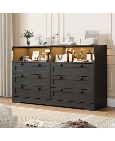 homfan Modern 6 Drawer Dresser with Led Lights and Power Outlet, Wooden Entryway Storage Cabinet Tv Stand, Spacious Organizer for Bedroom
