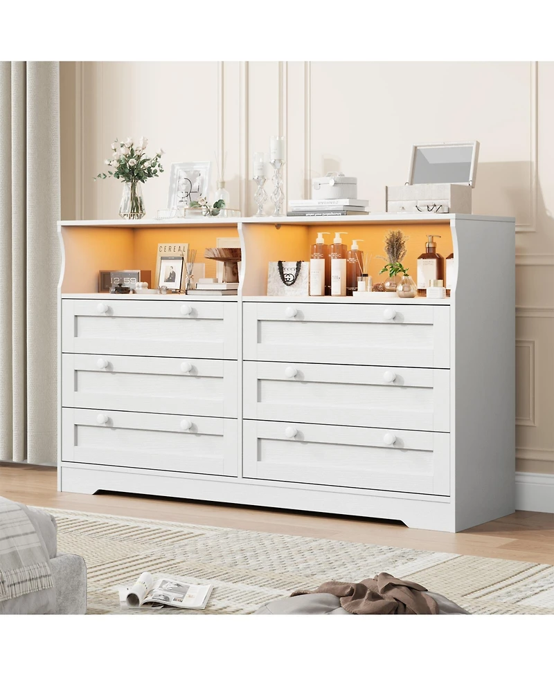 homfan Modern 6 Drawer Dresser with Led Lights and Power Outlet, Wooden Entryway Storage Cabinet and Tv Stand, Spacious Organizer for Bedroom