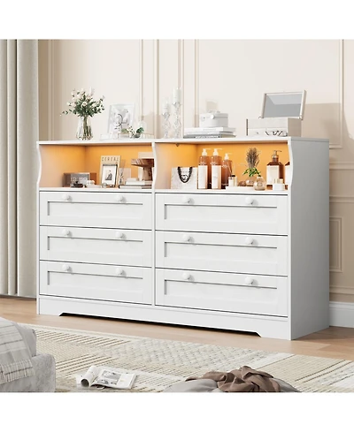 homfan Modern 6 Drawer Dresser with Led Lights and Power Outlet, Wooden Entryway Storage Cabinet and Tv Stand, Spacious Organizer for Bedroom