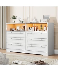 homfan Modern 6 Drawer Dresser with Led Lights and Power Outlet, Wooden Entryway Storage Cabinet and Tv Stand, Spacious Organizer for Bedroom