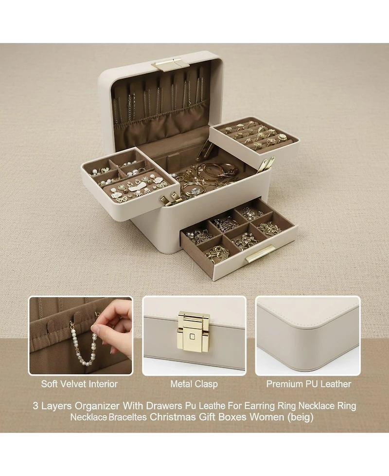 Yigii 3 Layers Jewelry Organizer Box with Drawers Pu Leather Storage for Earrings Rings Necklaces Bracelets