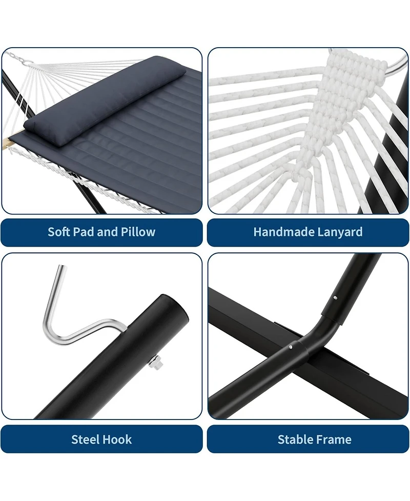 gaomon Double Hammock with Stand - 2 Person Heavy Duty 350 Lbs Capacity, Portable Rope Hammock for Outdoor/Indoor Use, Includes Comfort Pad